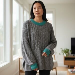 Free People Heather Gray Sweater with Teal Trim
